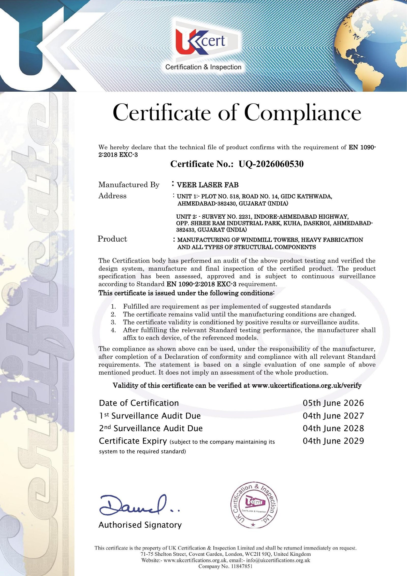 EN 1090-2:2018 EXC-3 Certificate - Veer Laser Fab