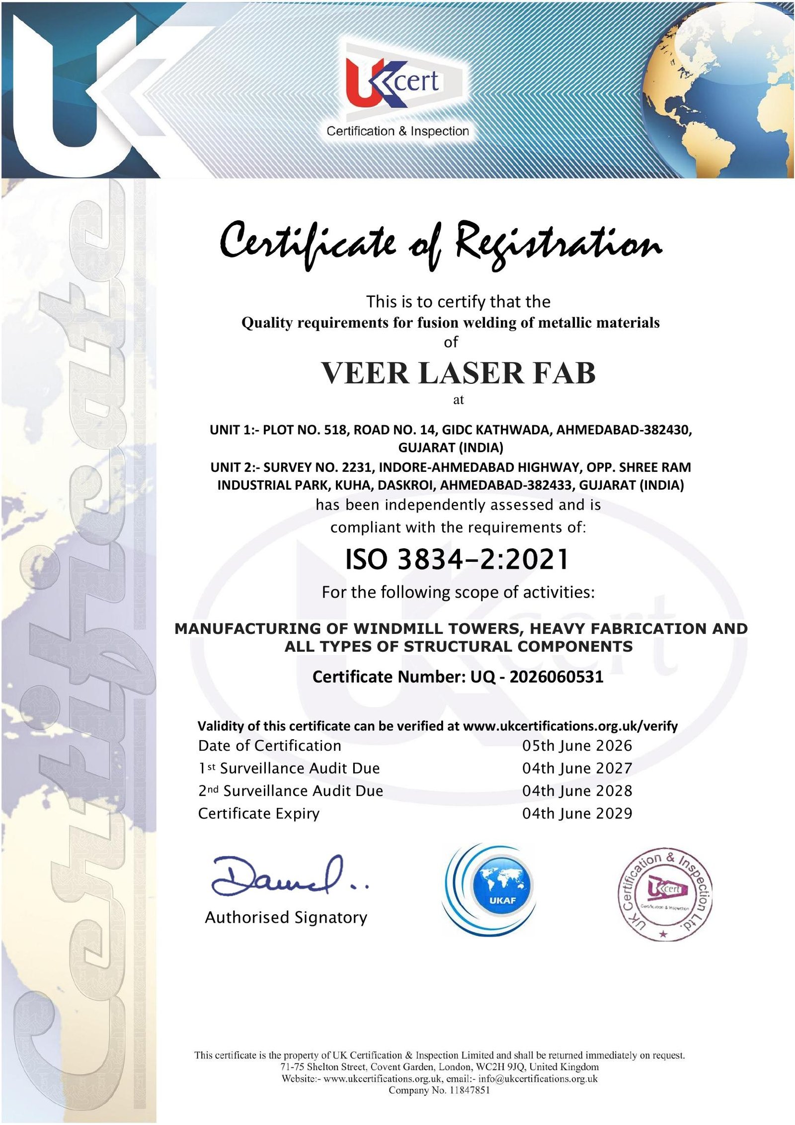 ISO 3834-2:2021 Certificate - Veer Laser Fab
