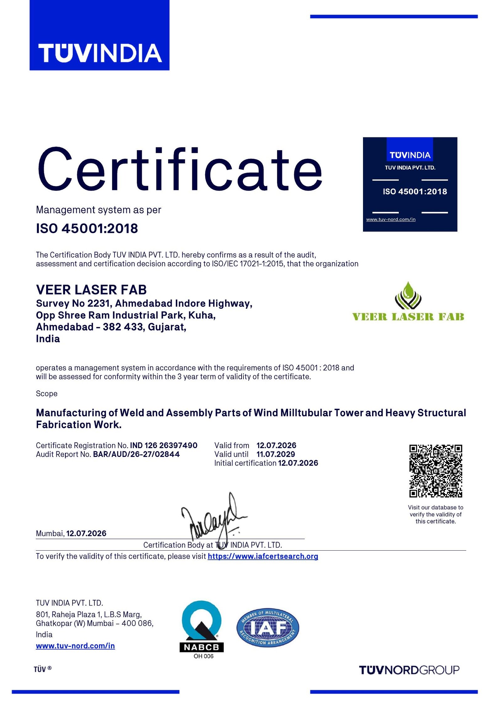 ISO 45001:2018 Certificate - Veer Laser Fab