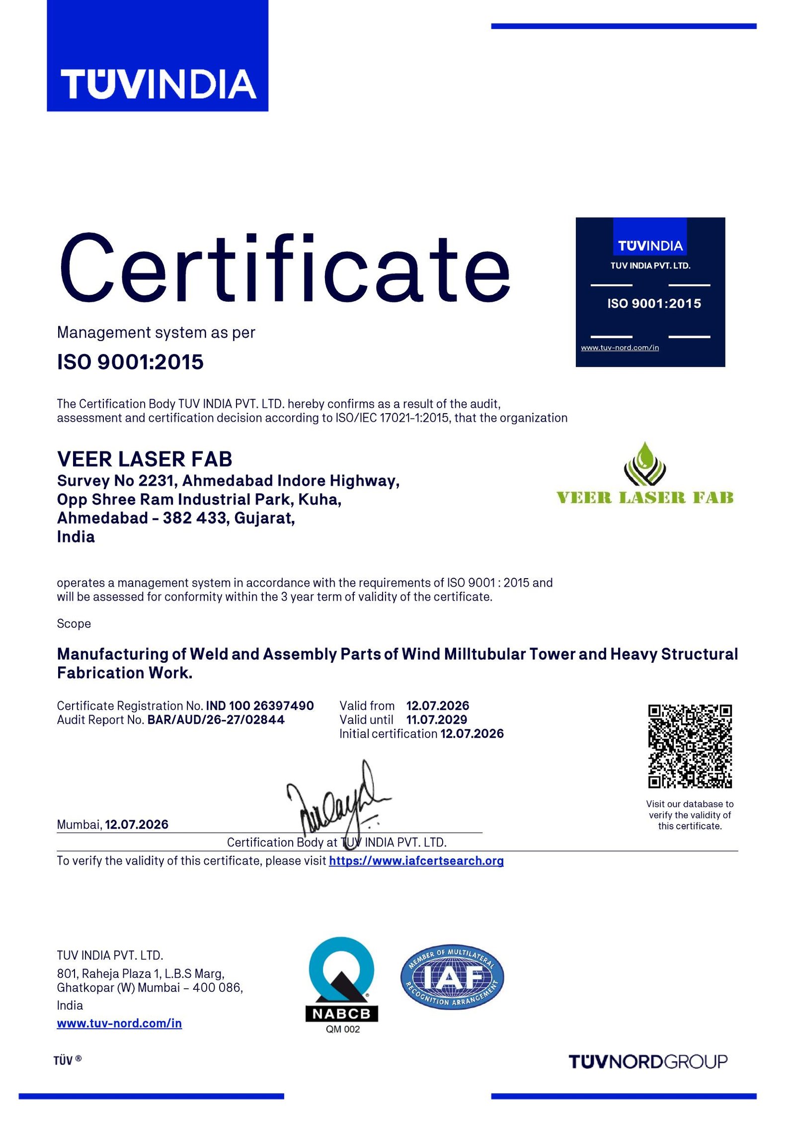 ISO 9001:2015 Certificate - Veer Laser Fab