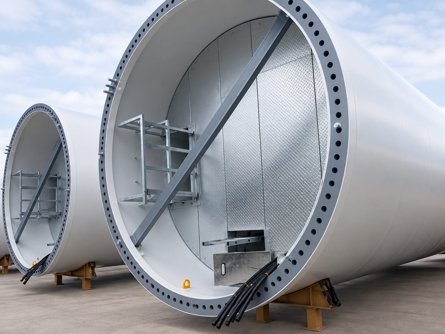Wind Turbine Tubular Tower Sections Staged with Internal Structures